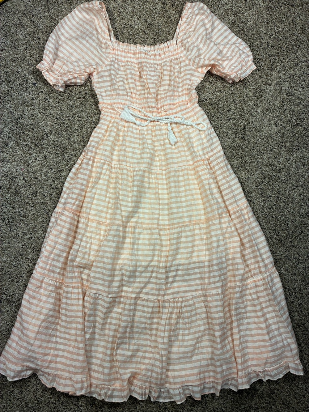Moon River Striped Poplin Puff Sleeve Tiered Midi Dress - Picture 2 of 13